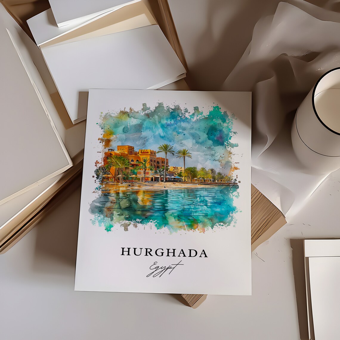 Hurghada Egypt Red Sea Resort Palms Watercolor Beach Travel Poster - Image 6