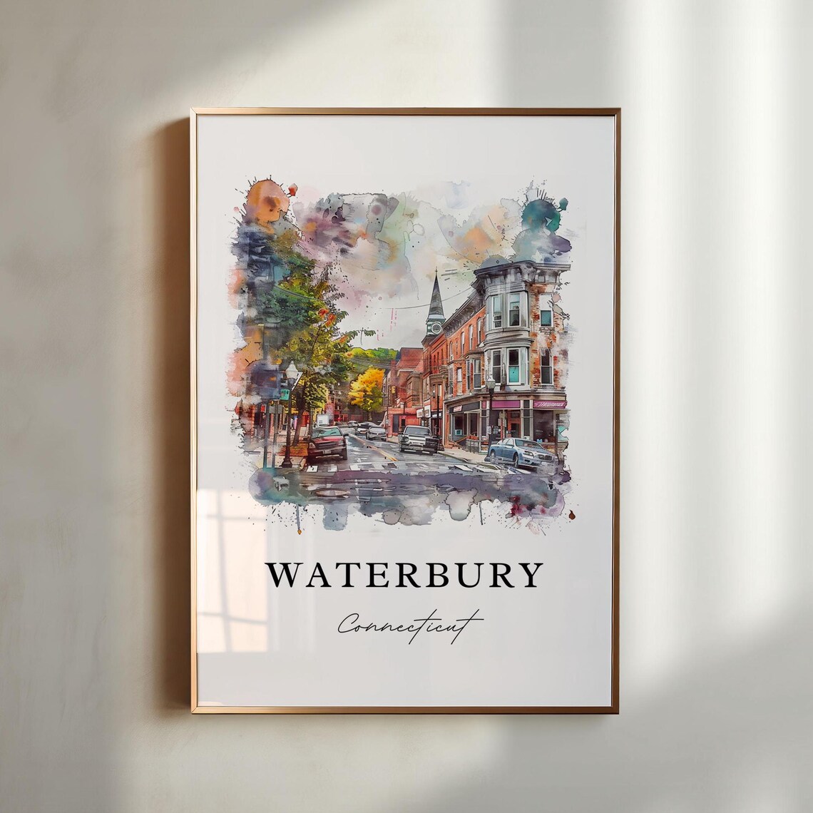 Waterbury Connecticut Historic Main Street Watercolor Travel Poster