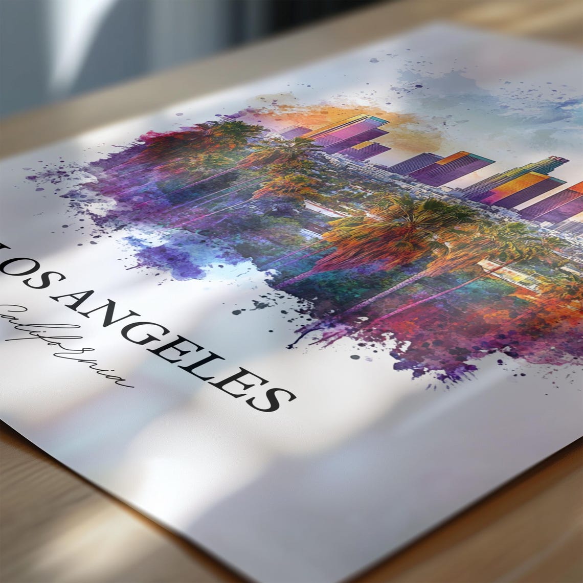 Los Angeles California Downtown Skyline Palms Watercolor Art Poster - Image 6