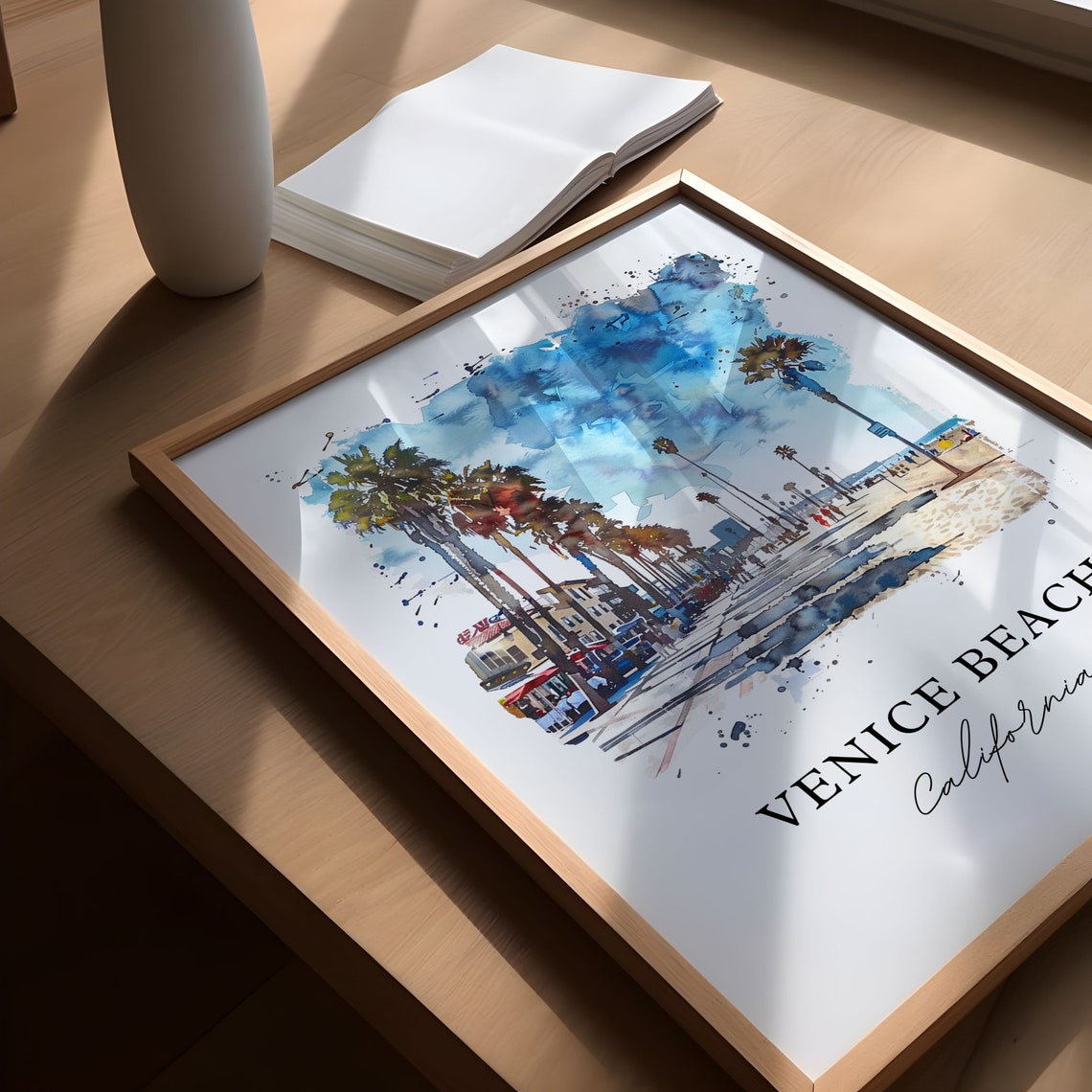 Venice Beach California Watercolor Boardwalk Palm Trees Scene Poster - Image 6