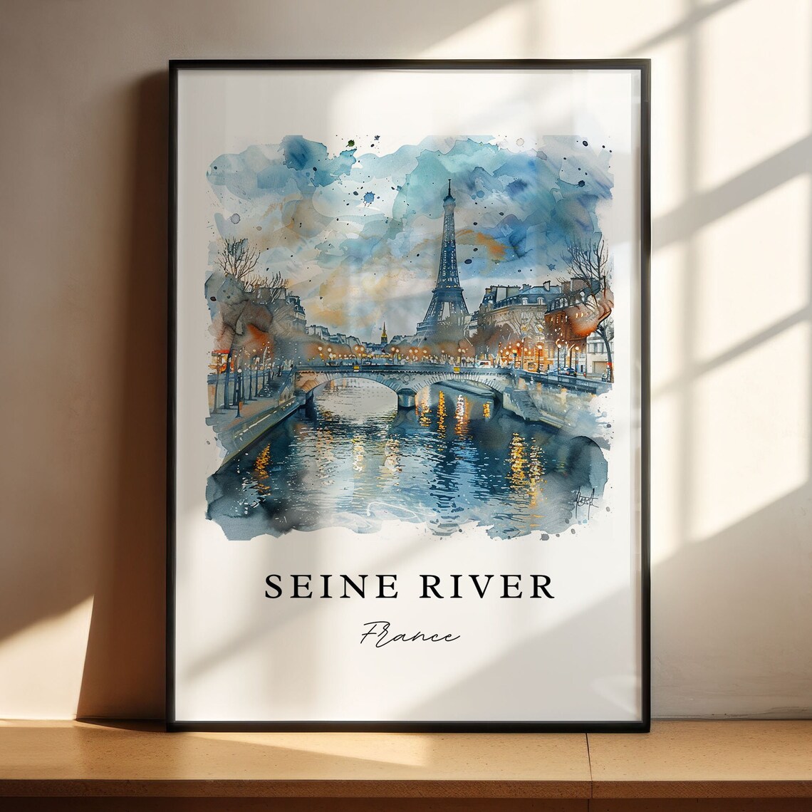 Seine River France Watercolor Bridge Eiffel Tower Lights Poster