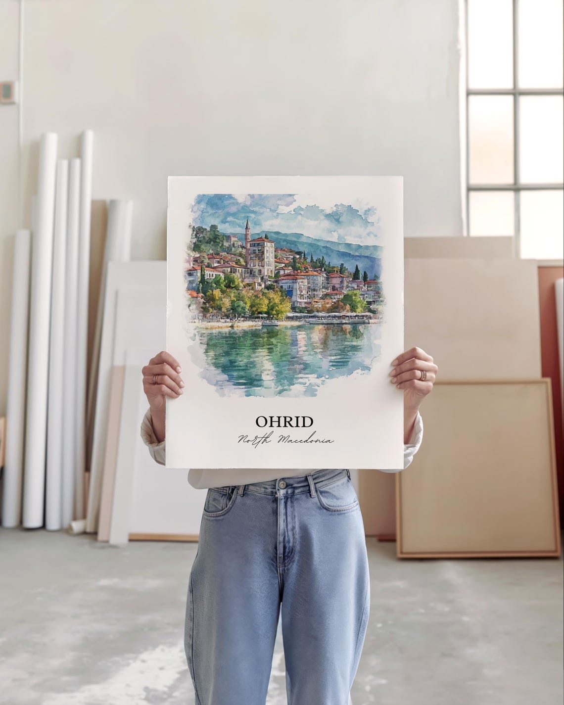 Ohrid North Macedonia Watercolor Lakeside Old Town View Poster - Image 5