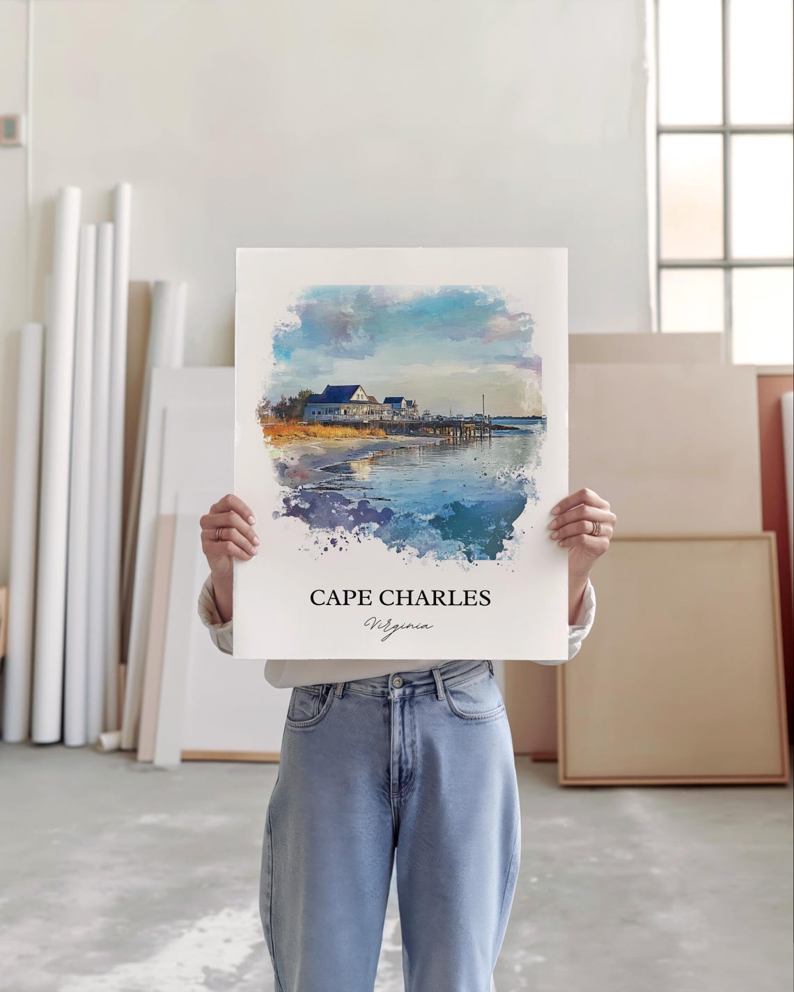 Cape Charles Virginia Waterfront Pier Houses Watercolor Travel Poster - Image 3