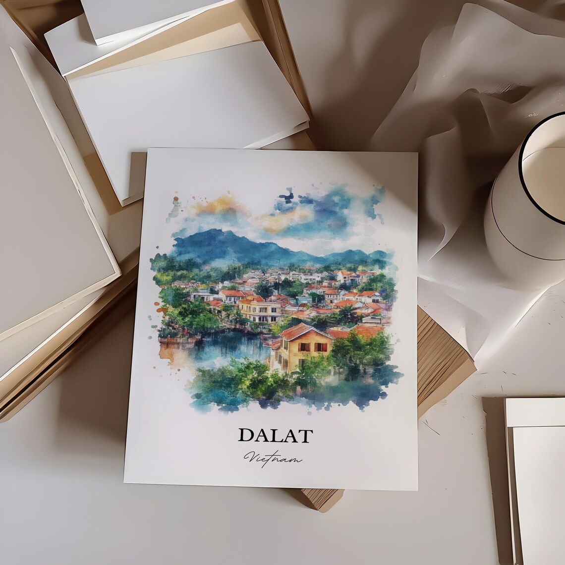 Dalat Vietnam Watercolor Art Misty Highland Town Lake Poster - Image 4