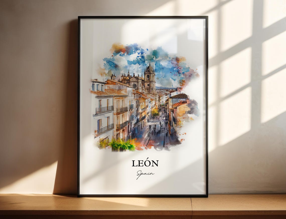 León Spain Gothic Cathedral City Street Watercolor Travel Poster