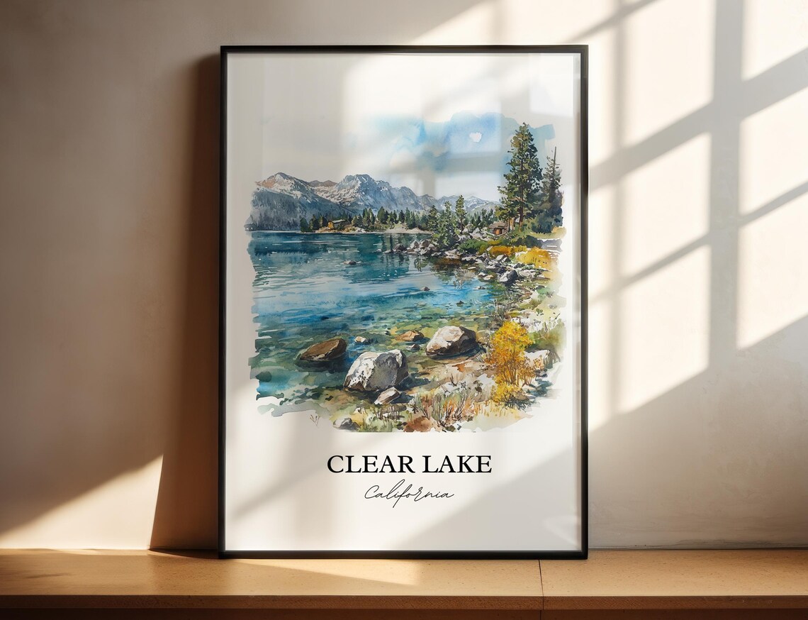 Clear Lake California Alpine Shoreline Pine Watercolor Lake Poster