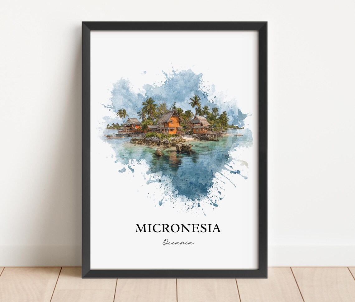 Micronesia Oceania Stilt Huts Palm Lagoon Watercolor Travel Poster - Image 5