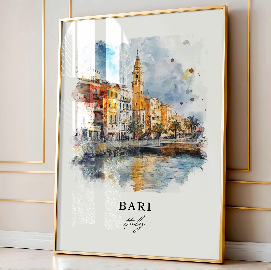 Bari Italy Watercolor Waterfront Palms Church Tower Puglia Poster - Image 4