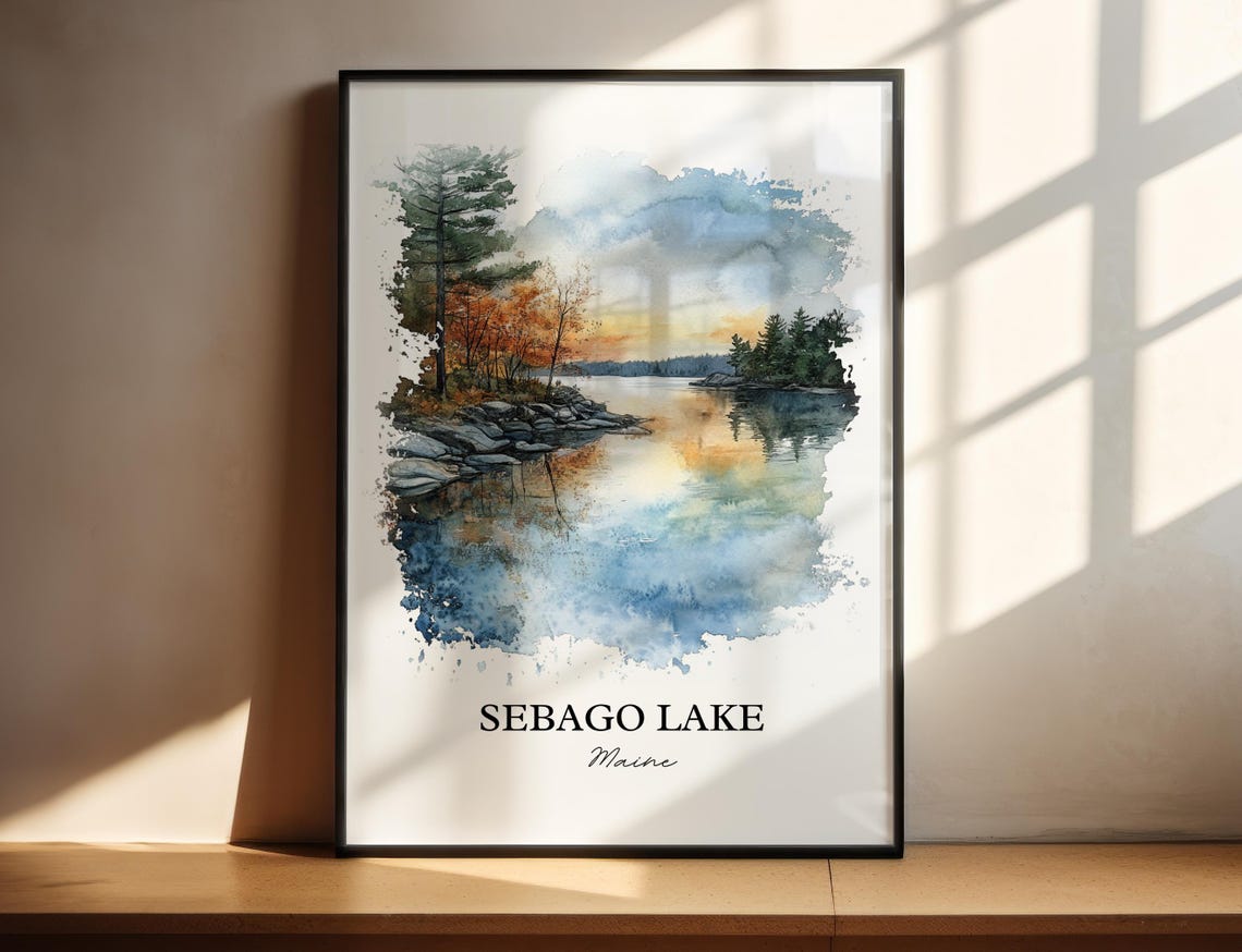 Sebago Lake Maine Autumn Sunset Reflection Watercolor Lake Poster