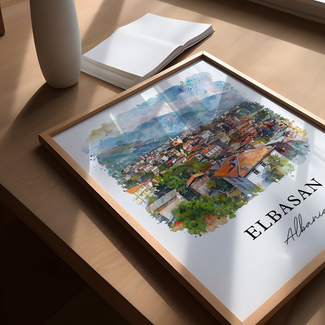 Elbasan Albania Mountain City Rooftops Watercolor Travel Poster - Image 6
