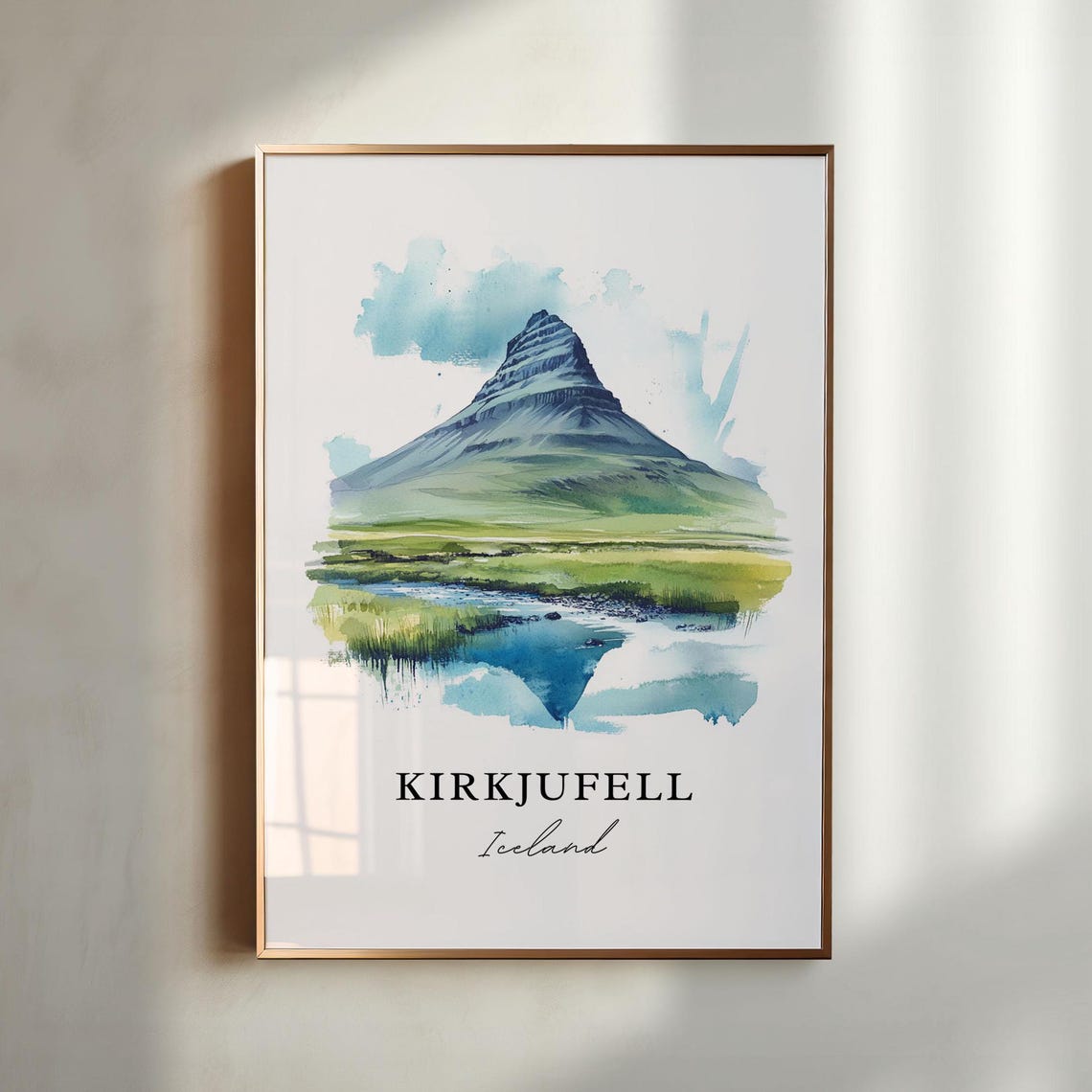 Kirkjufell Watercolor Travel Poster, Iceland