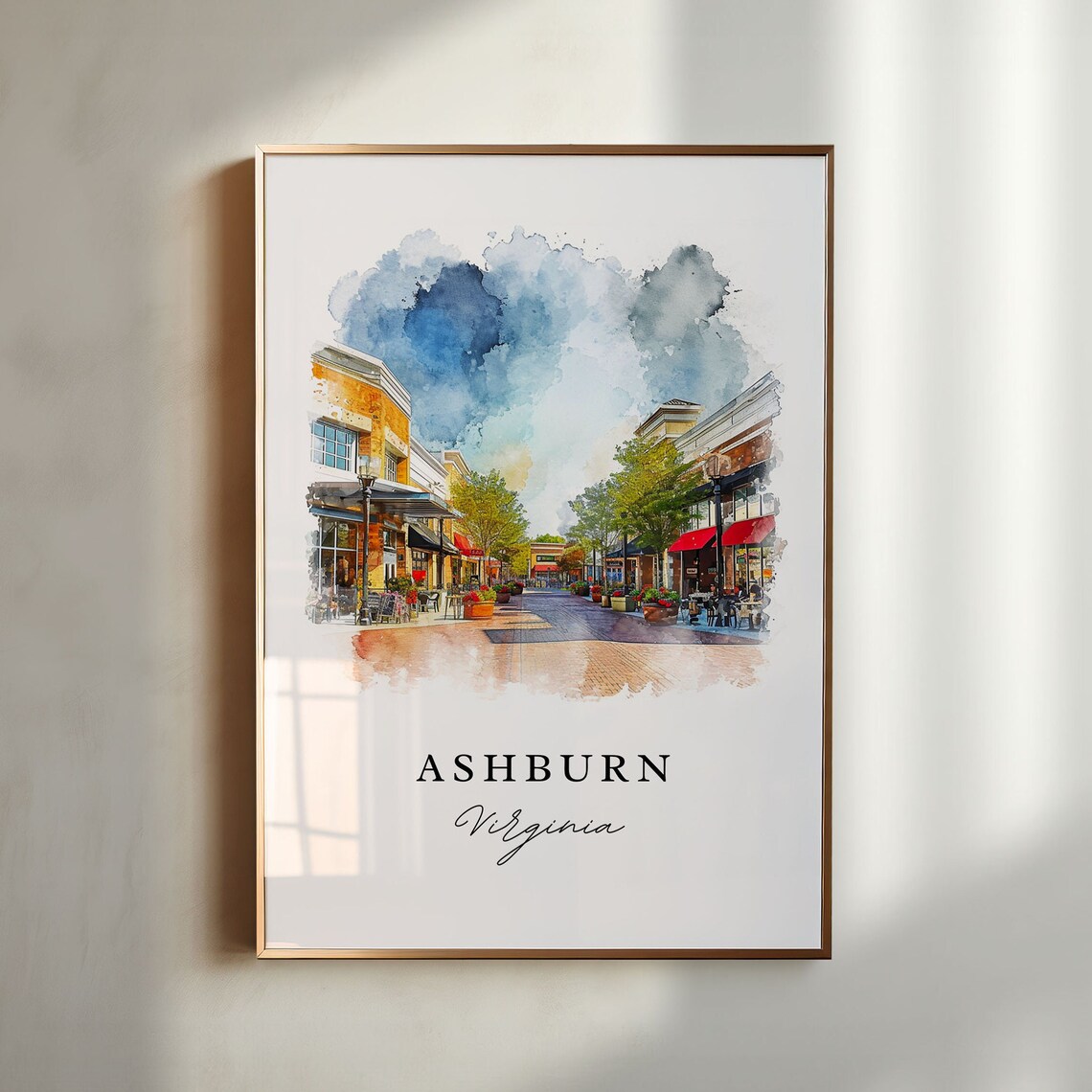 Ashburn Virginia Watercolor Pedestrian Shopping Street Scene Poster