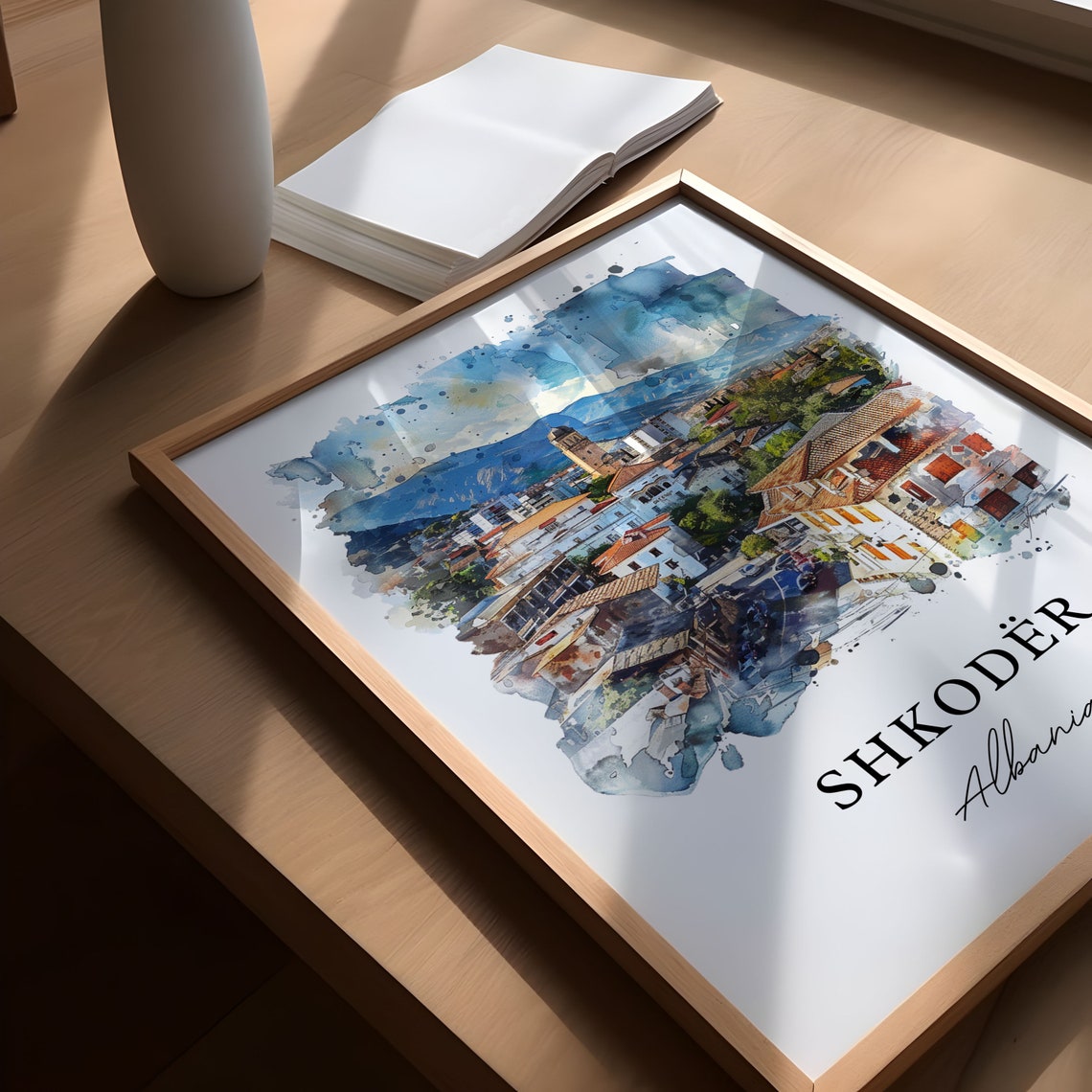 Shkoder Albania Castle Hill Cityscape Watercolor Travel Poster - Image 5