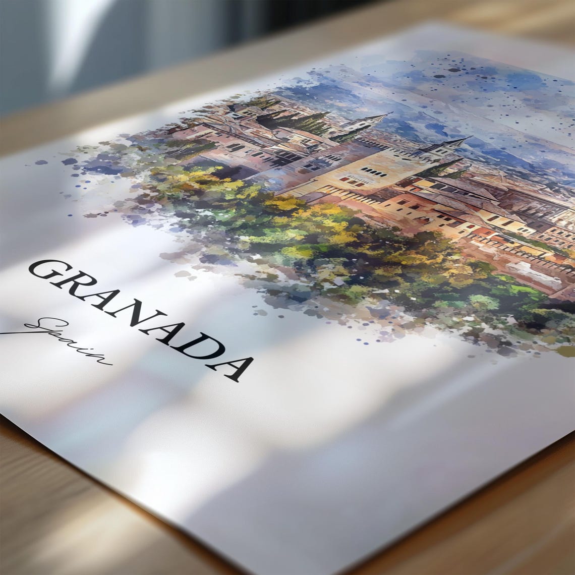Granada Spain Watercolor Alhambra Palace Hilltop Skyline View Poster - Image 6