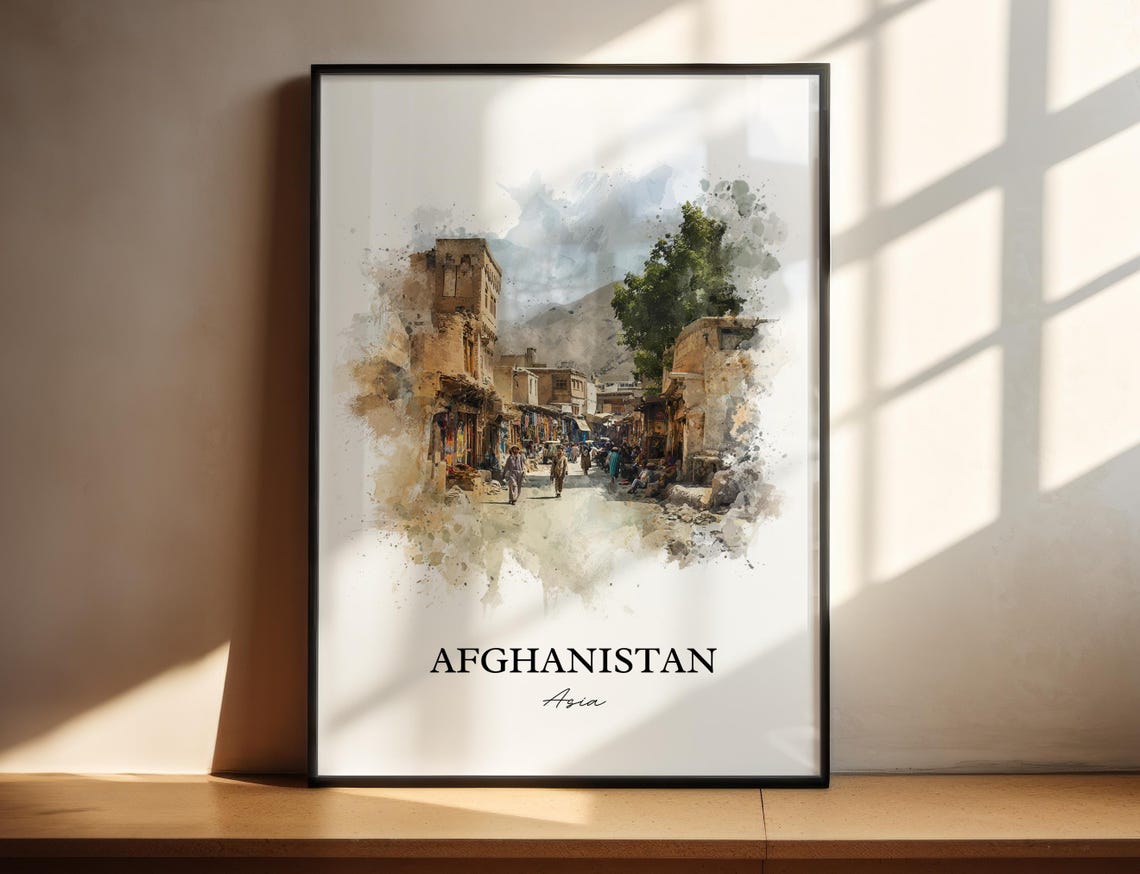 Afghanistan Asia Old Bazaar Mountain Street Watercolor Travel Poster