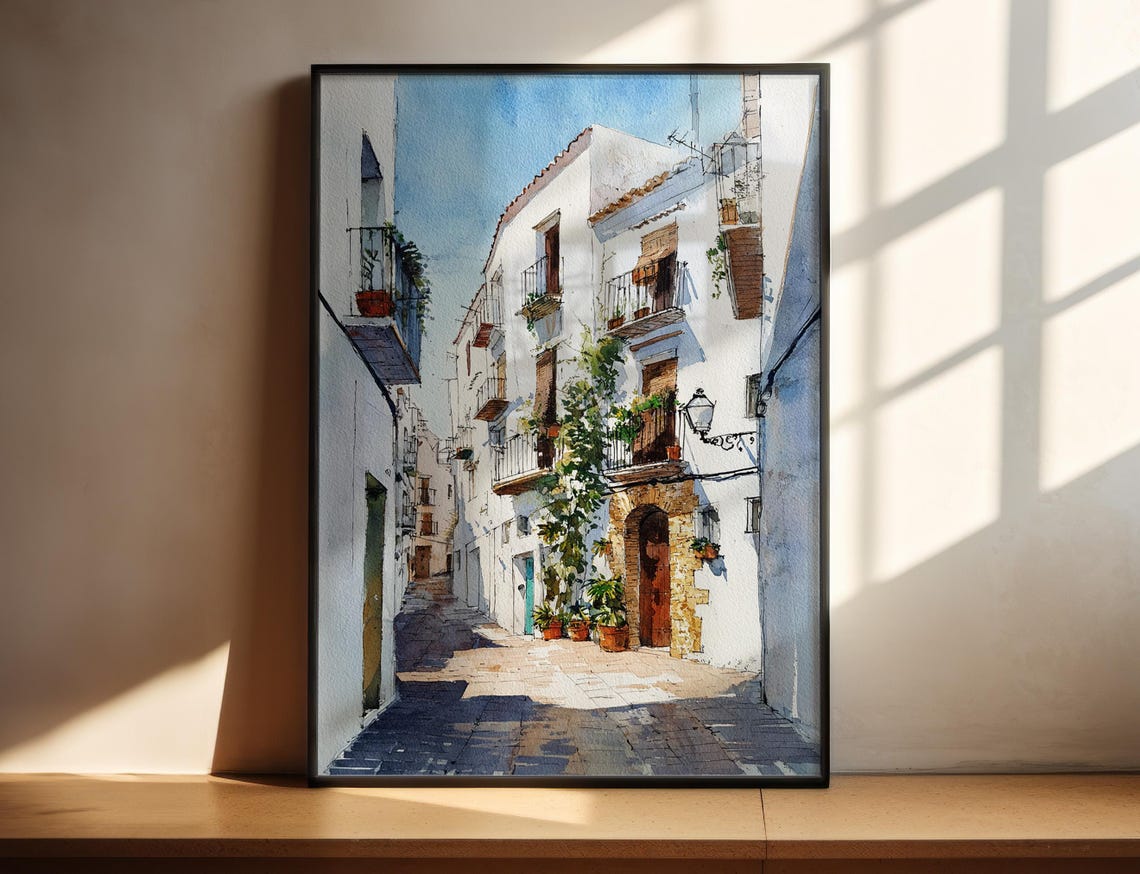 Ibiza Whitewashed Old Town Cobbled Lane Watercolor Travel Poster