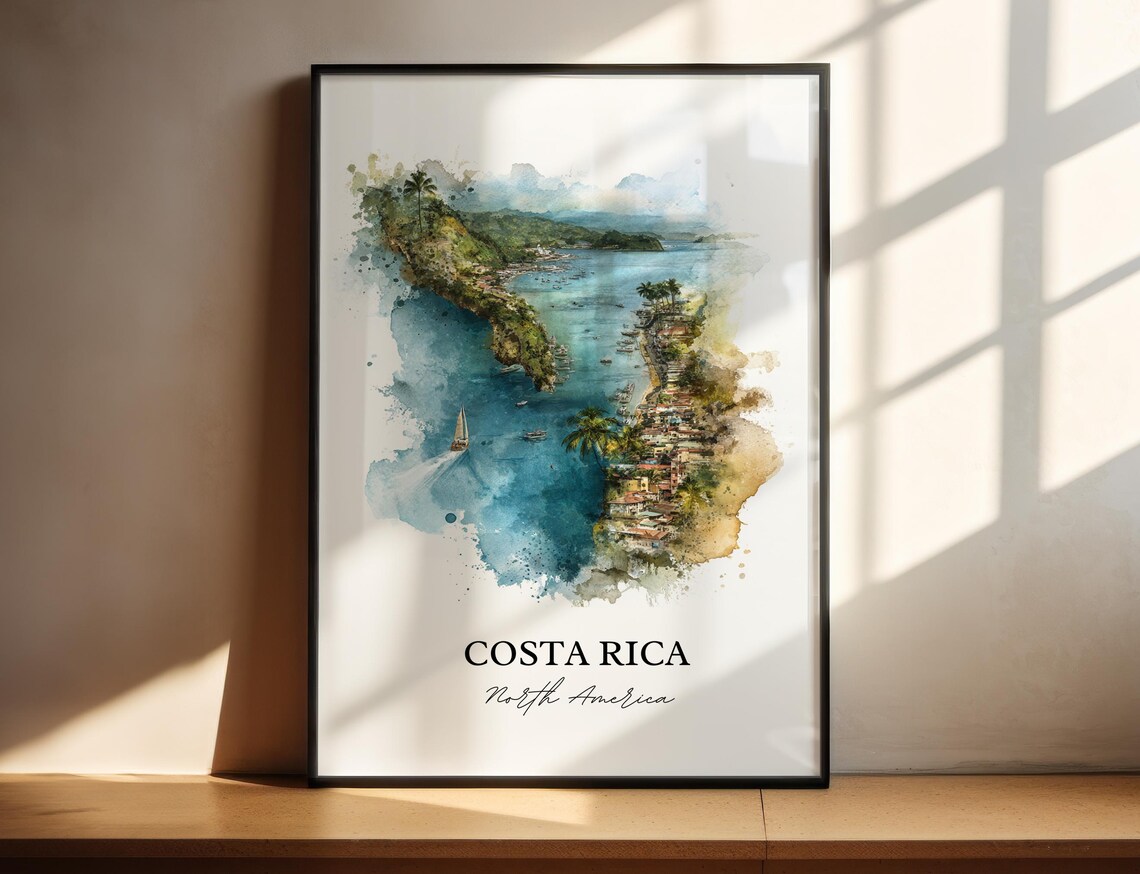 Costa Rica Tropical Coastline Sailboat Bay Watercolor Art Poster