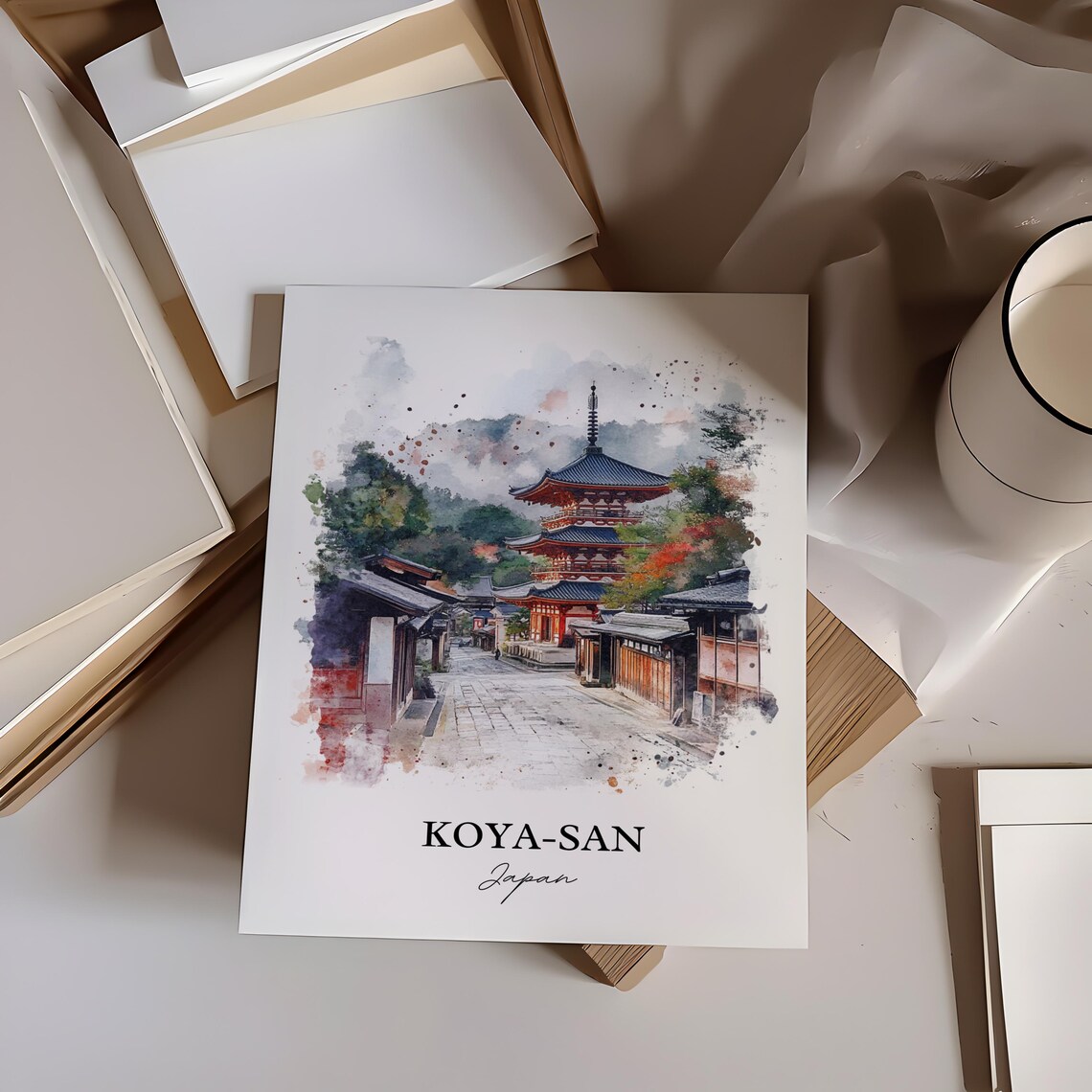 Koya-San Japan Watercolor Buddhist Temple Pagoda Street Poster - Image 3
