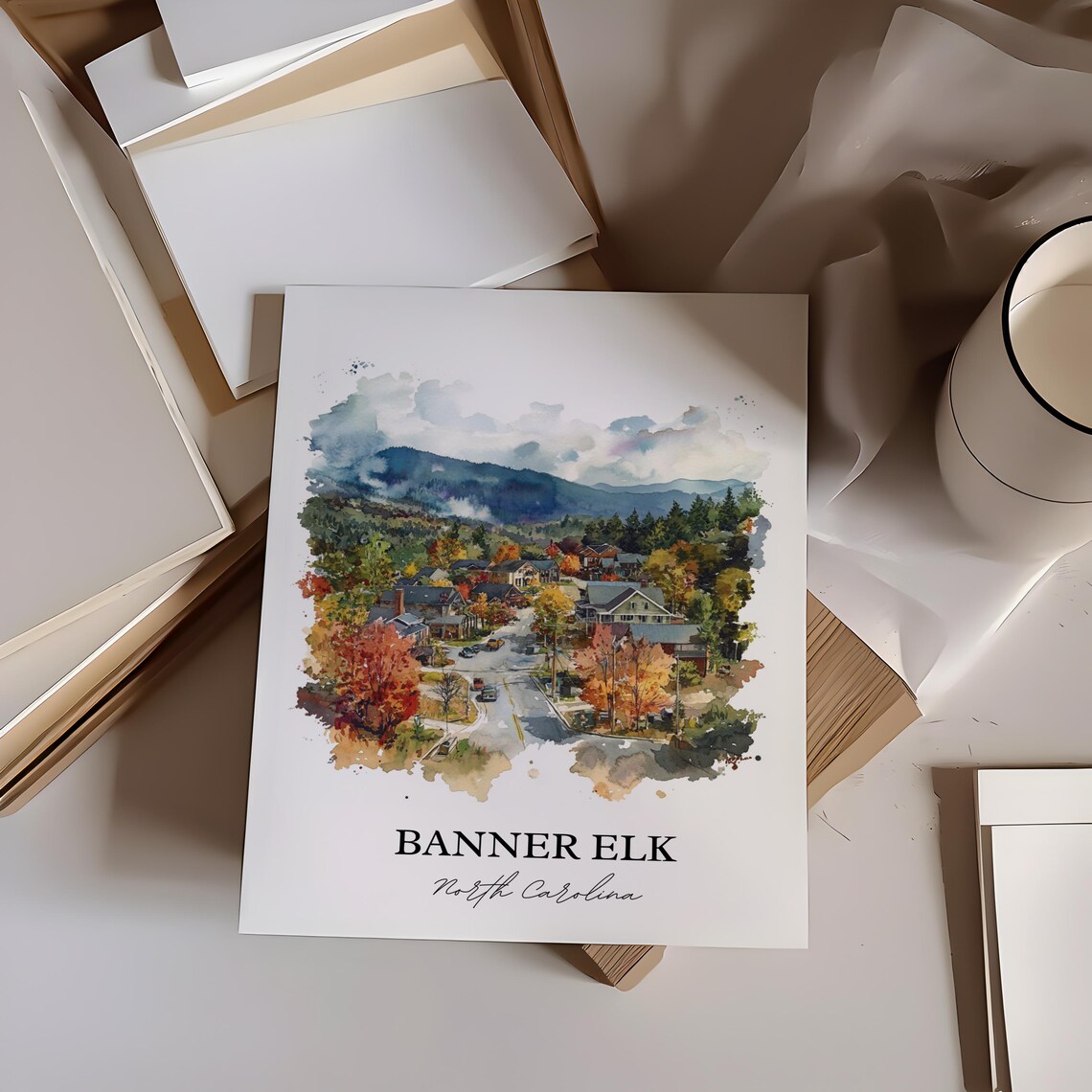 Banner Elk North Carolina Fall Mountain Town Watercolor Poster - Image 3