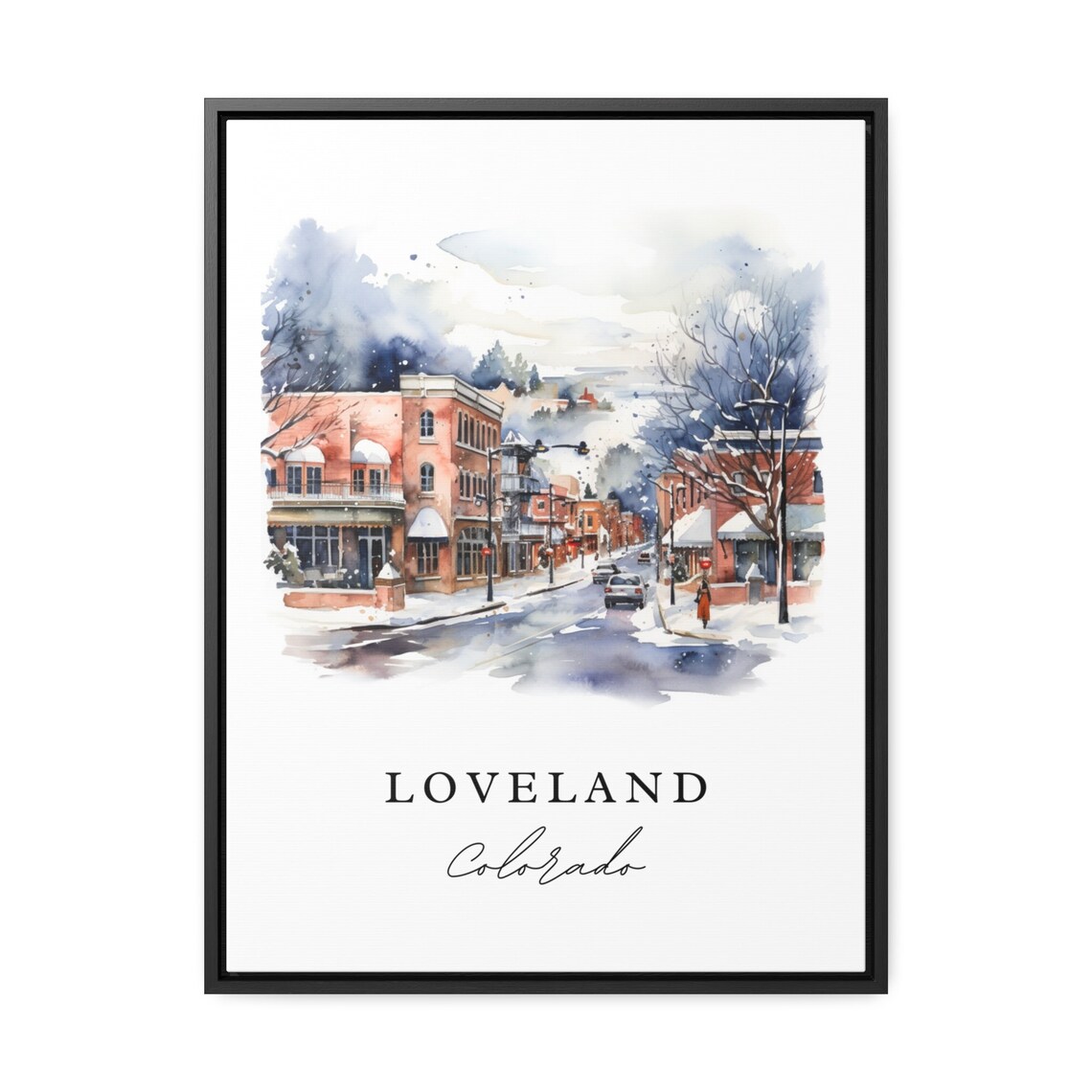 Loveland Colorado Watercolor Snowy Downtown Winter Street Poster - Image 2