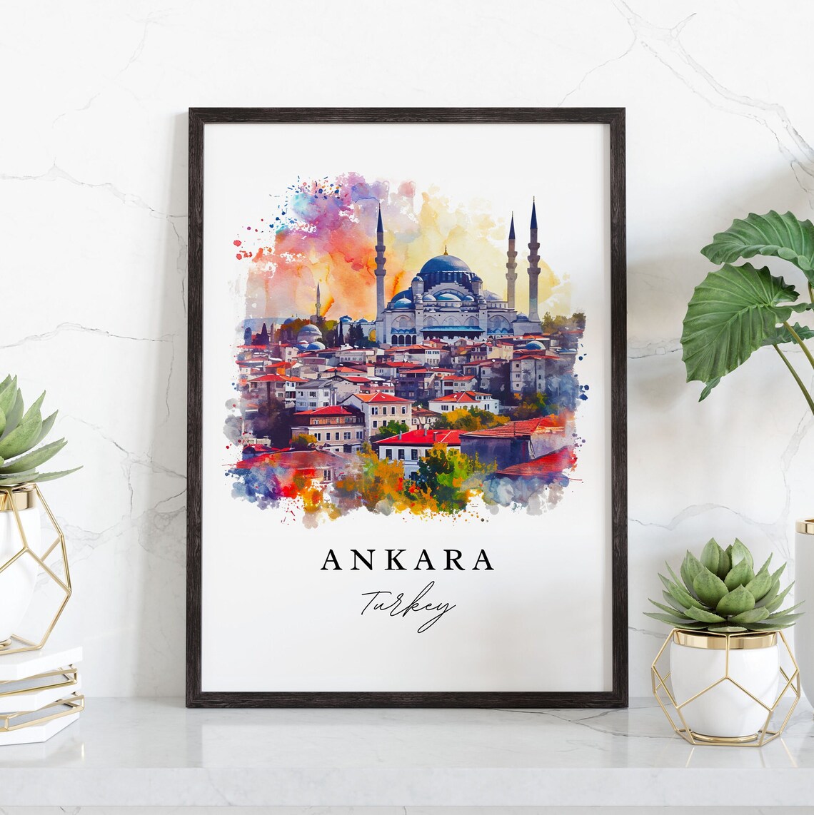Ankara Turkey Watercolor Mosque Minarets Red Rooftops Art Poster - Image 3