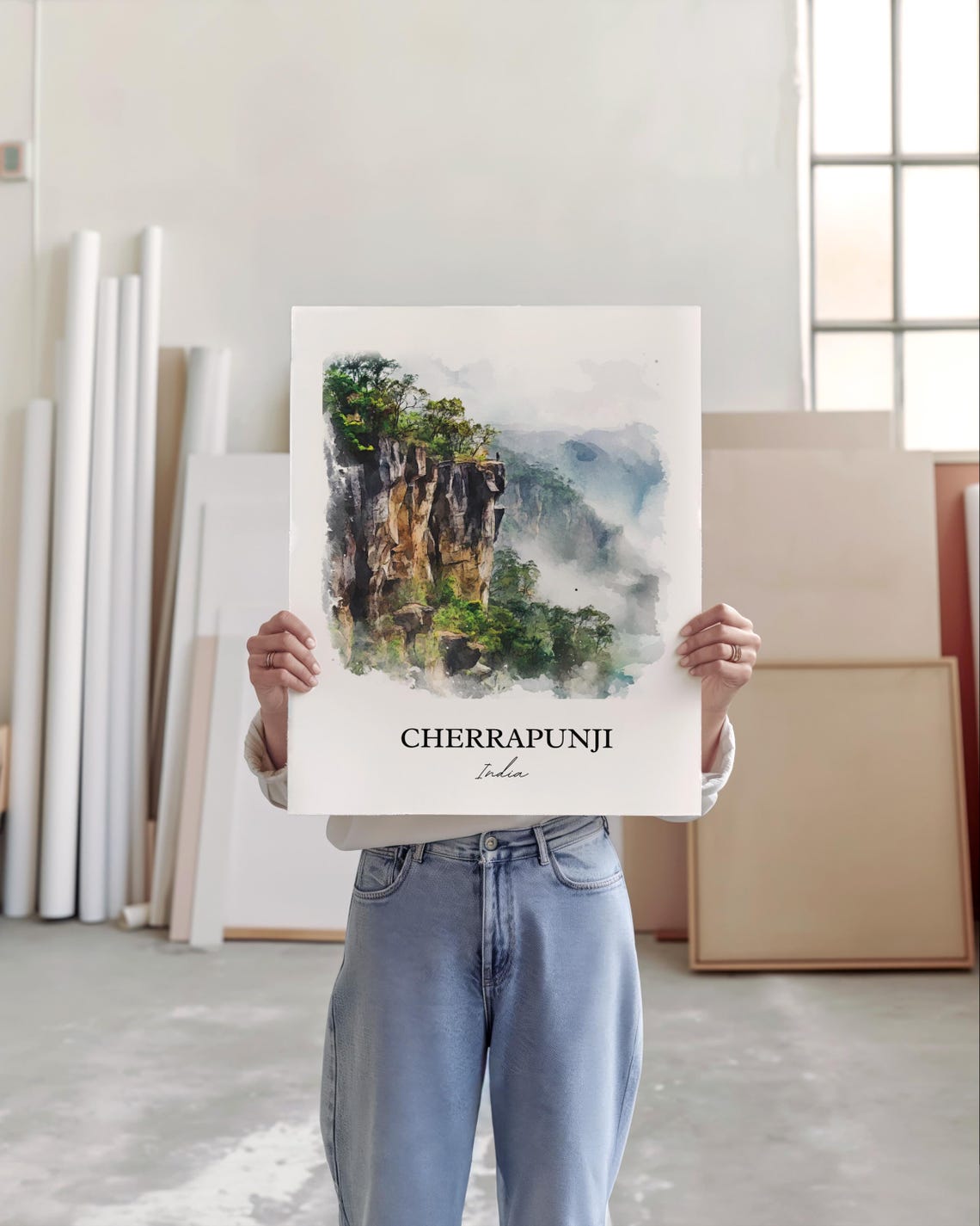 Cherrapunji India Watercolor Misty Cliffs Mountain Gorge Poster - Image 5
