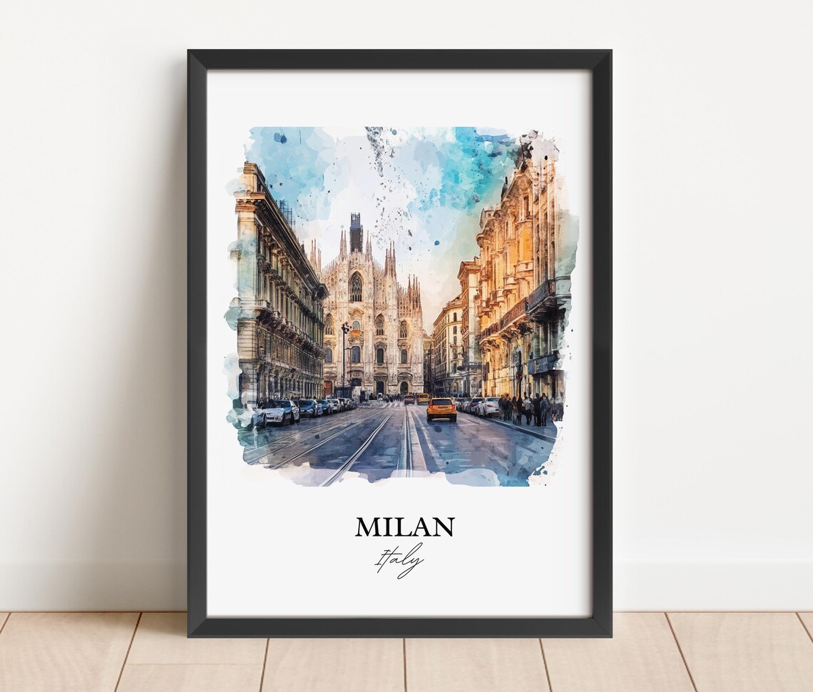 Milan Italy Watercolor Duomo Cathedral Street Scene Travel Poster - Image 2