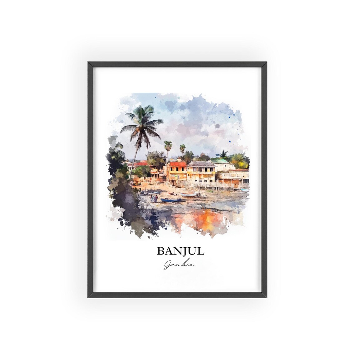 Banjul Gambia Fishing Boats Palm Beach Watercolor Travel Poster - Image 2