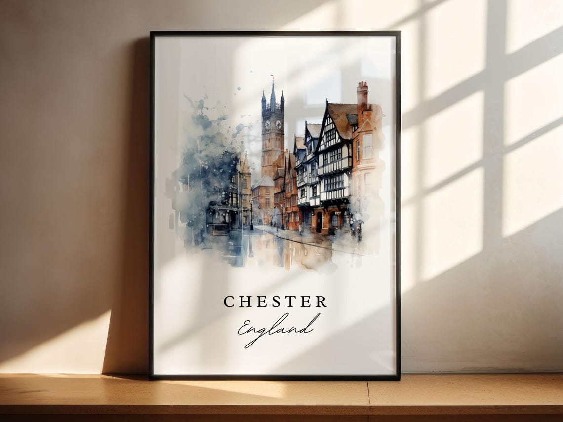 Chester England Watercolor Tudor Street Clock Tower Travel Poster