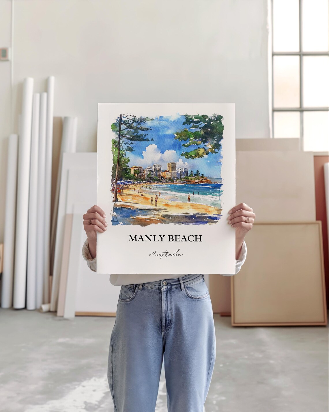 Manly Beach Australia Surf Sand Norfolk Pines Watercolor Travel Poster - Image 3