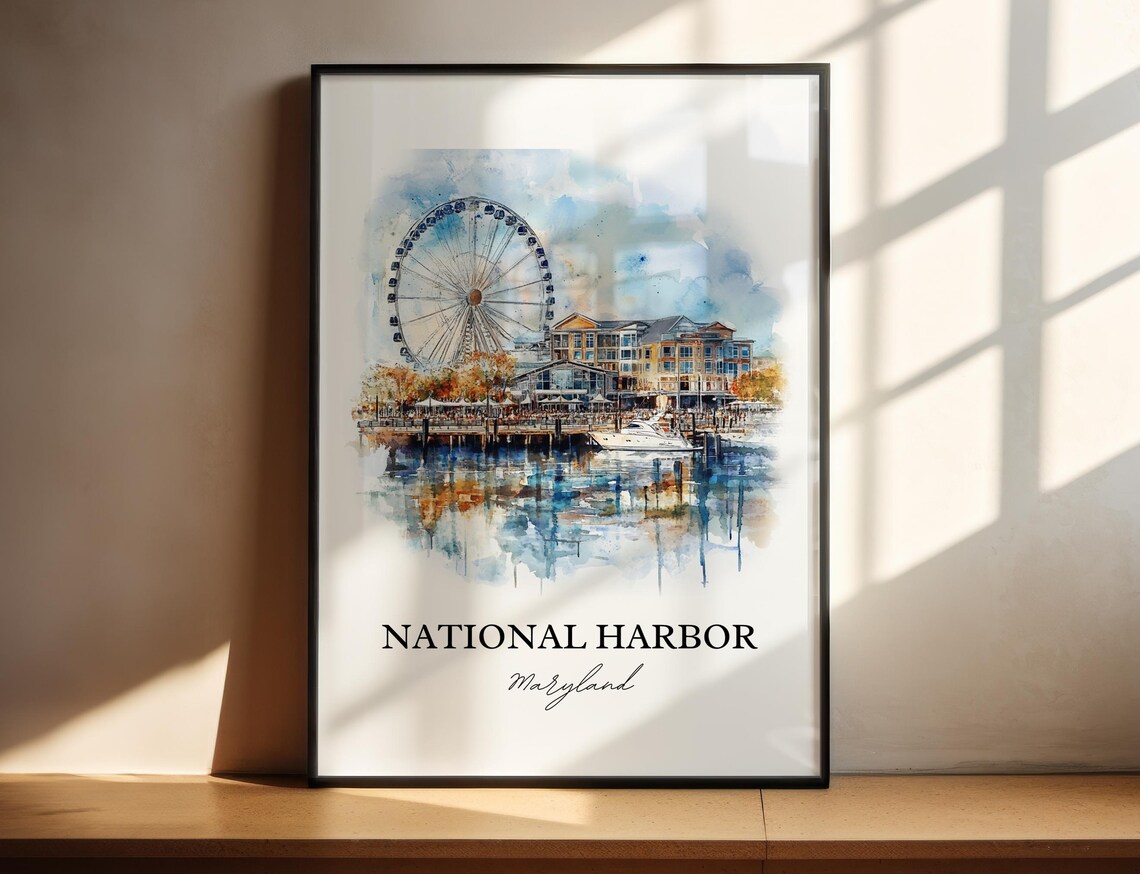 National Harbor Maryland Watercolor Ferris Wheel Waterfront Poster