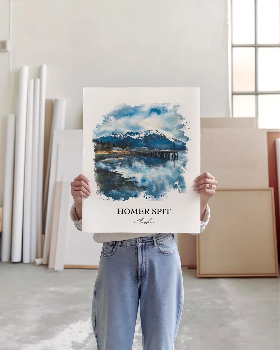 Homer Spit Alaska Pier Watercolor Mountain Harbor Travel Poster - Image 4