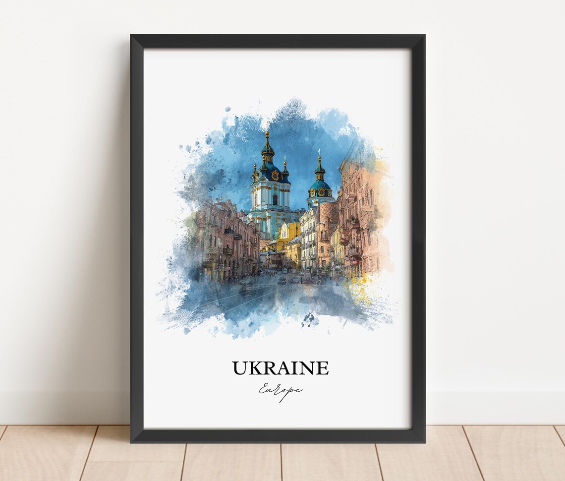 Ukraine Kyiv Blue Domed Church Watercolor Street Travel Poster - Image 2