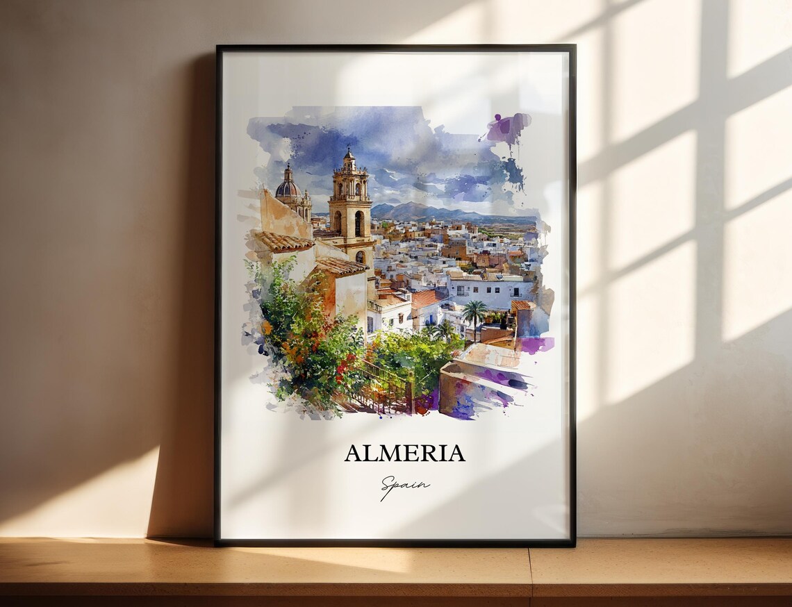 Almeria Spain Cathedral Whitewashed Town Watercolor Travel Poster