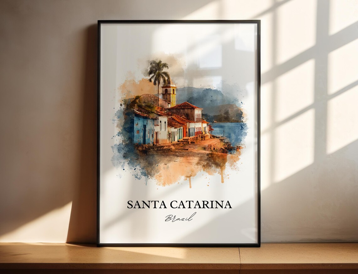 Santa Catarina Brazil Watercolor Coastal Town Travel Scenery Art Poster