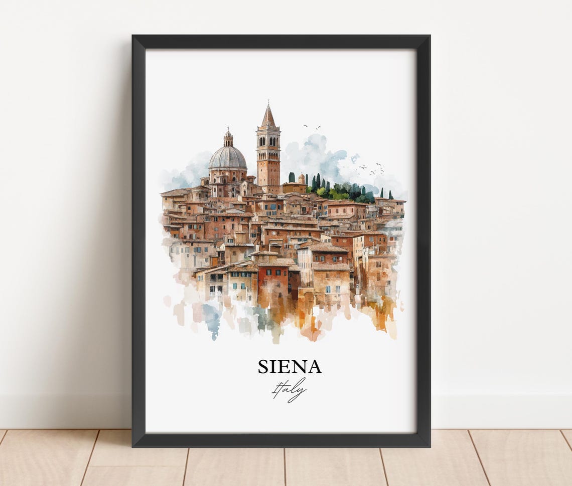 Siena Italy Watercolor Medieval Hill Town Duomo Tower Poster - Image 2
