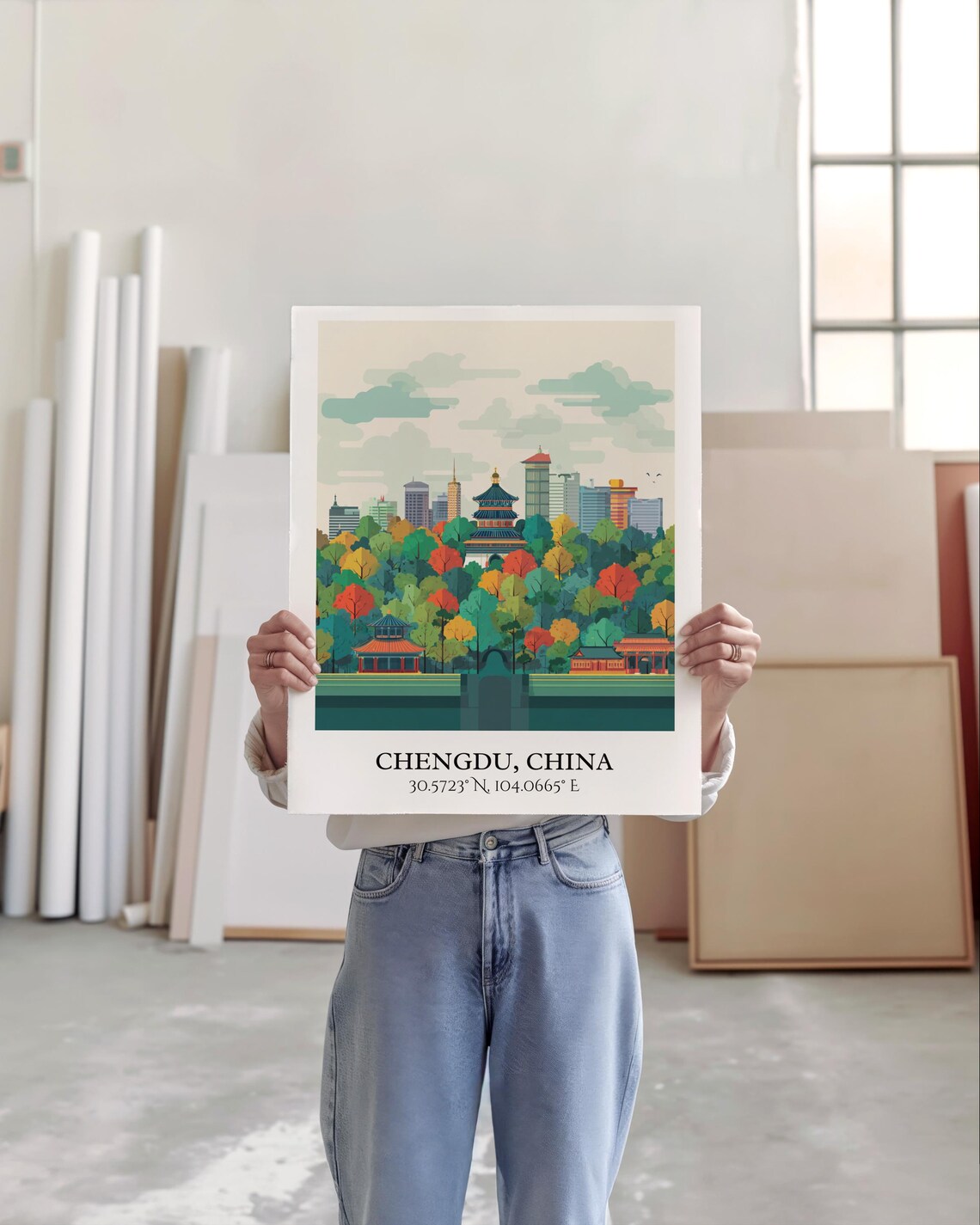 Chengdu China Temple Park Autumn Trees Skyline Travel Poster - Image 5