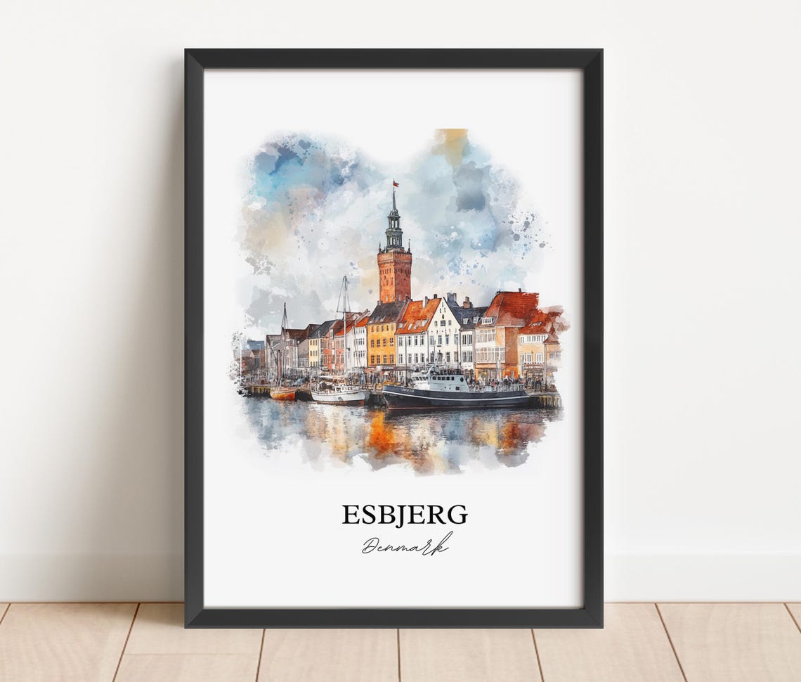Esbjerg Denmark Harbor and Historic Church Tower Watercolor Poster - Image 2
