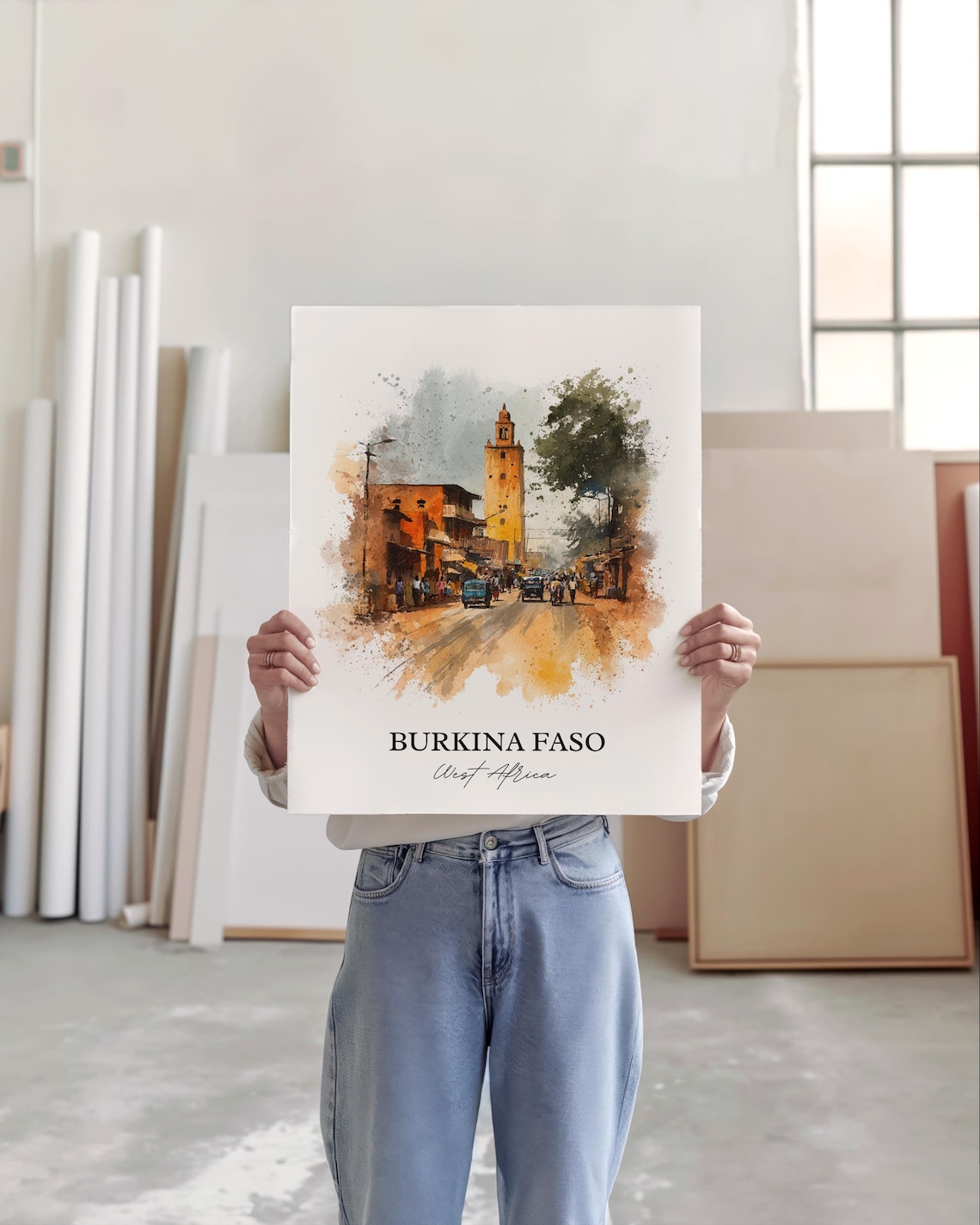 Burkina Faso West Africa Street Tower Watercolor Travel Poster - Image 3