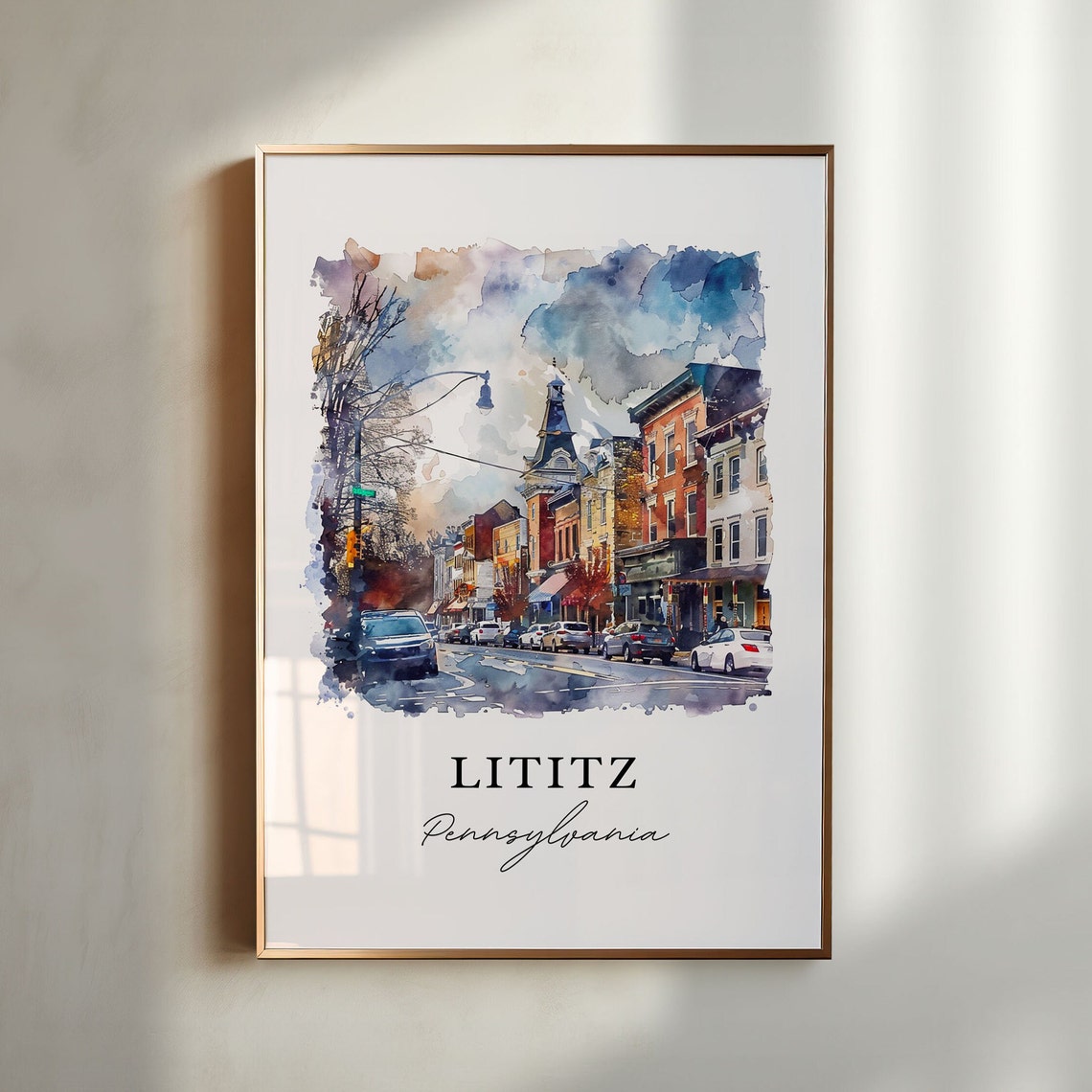 Lititz Pennsylvania Quaint Main Street Scene Watercolor Poster