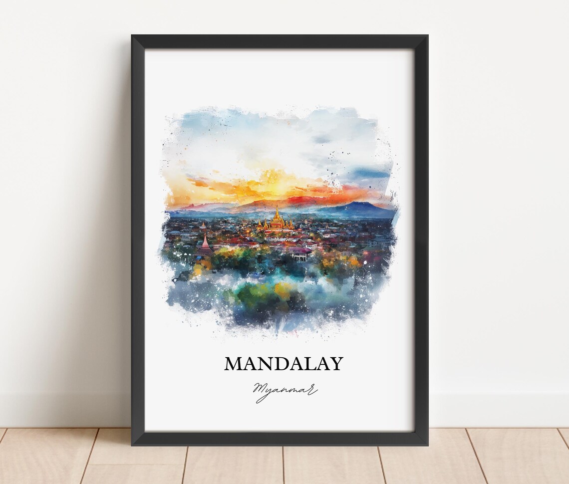 Mandalay Myanmar Watercolor Sunset Golden Temple City Poster - Image 3