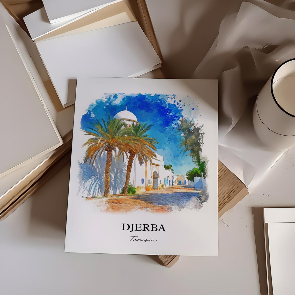 Djerba Tunisia White Mosque Palm Trees Watercolor Travel Poster - Image 3