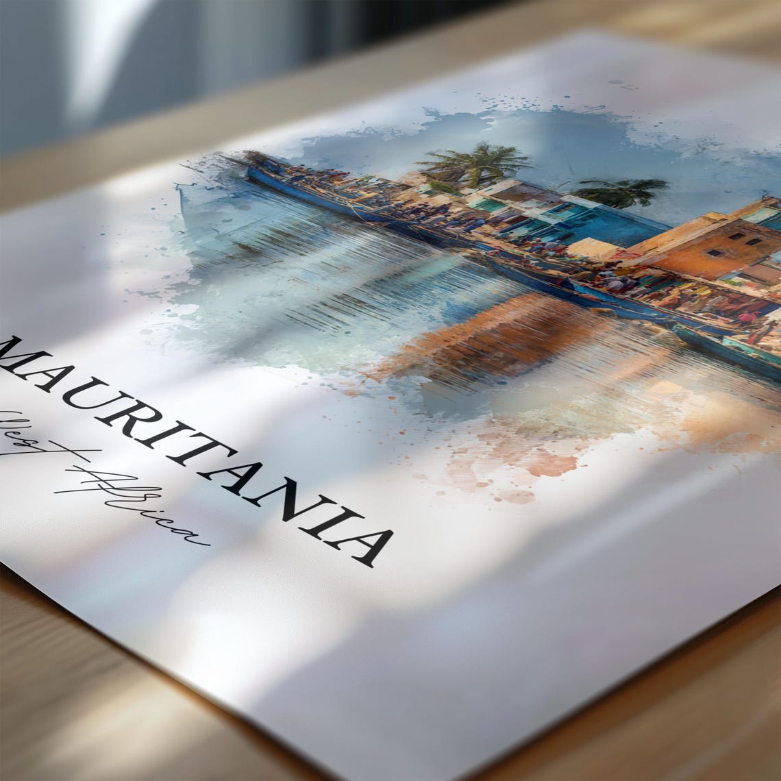 Mauritania West Africa Harbor Boats Waterfront Watercolor Poster - Image 4
