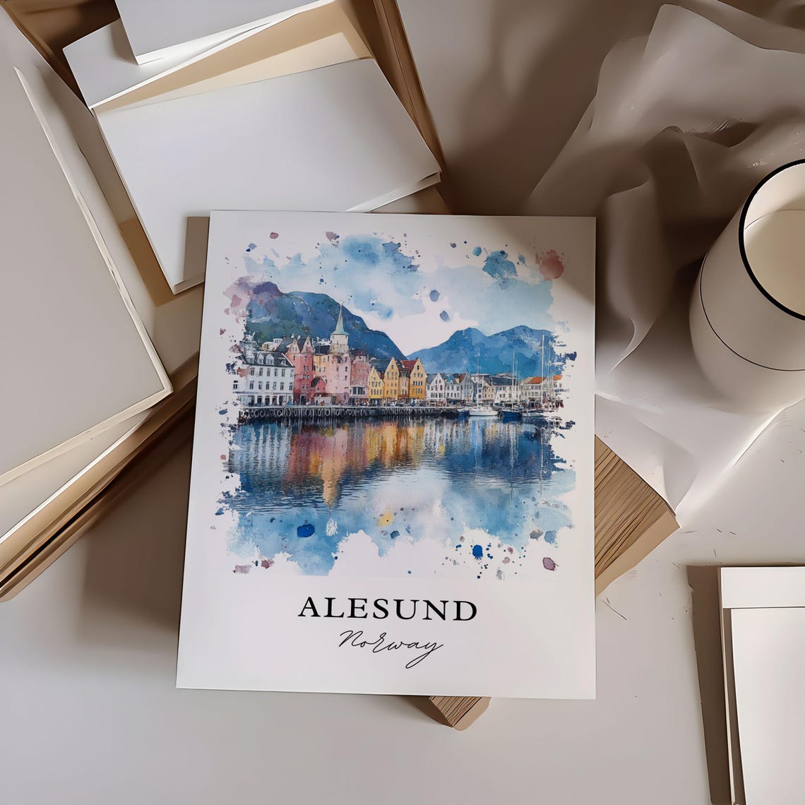 Alesund Norway Art Nouveau Waterfront Harbor Reflection Travel Poster - Image 2