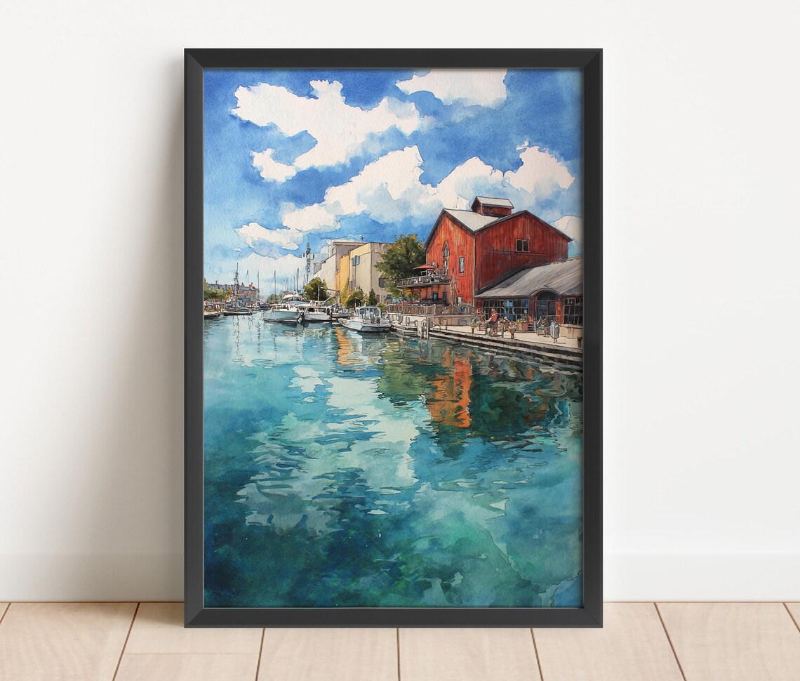 Traverse City Harbor Marina Waterfront Turquoise Water Watercolor Poster