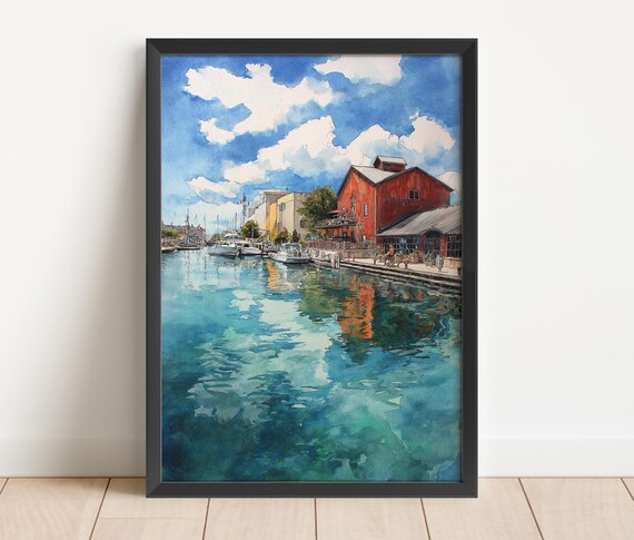 Traverse City Harbor Marina Waterfront Turquoise Water Watercolor Poster