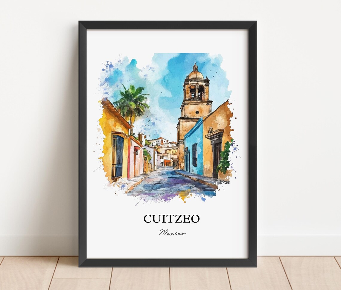 Cuitzeo Mexico Cobblestone Street Church Tower Watercolor Poster - Image 4