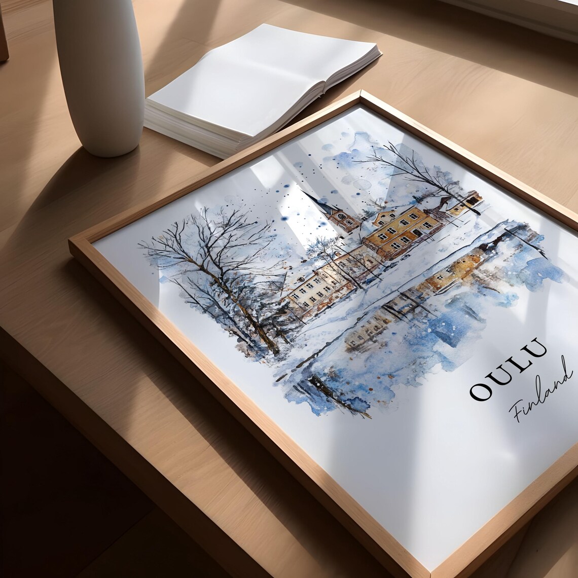 Oulu Finland Watercolor Winter Snow Church Frozen River Poster - Image 5