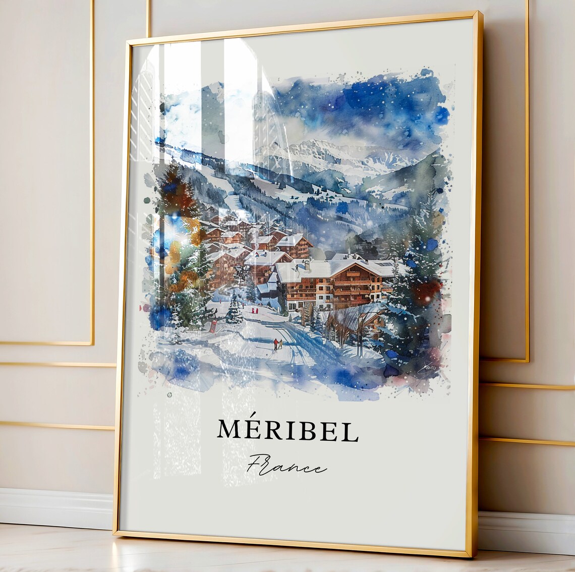Meribel France Watercolor Ski Resort Village Snowy Slopes Poster - Image 4