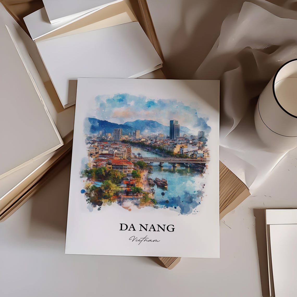 Da Nang Vietnam River City Bridge Scene Watercolor Travel Poster - Image 4